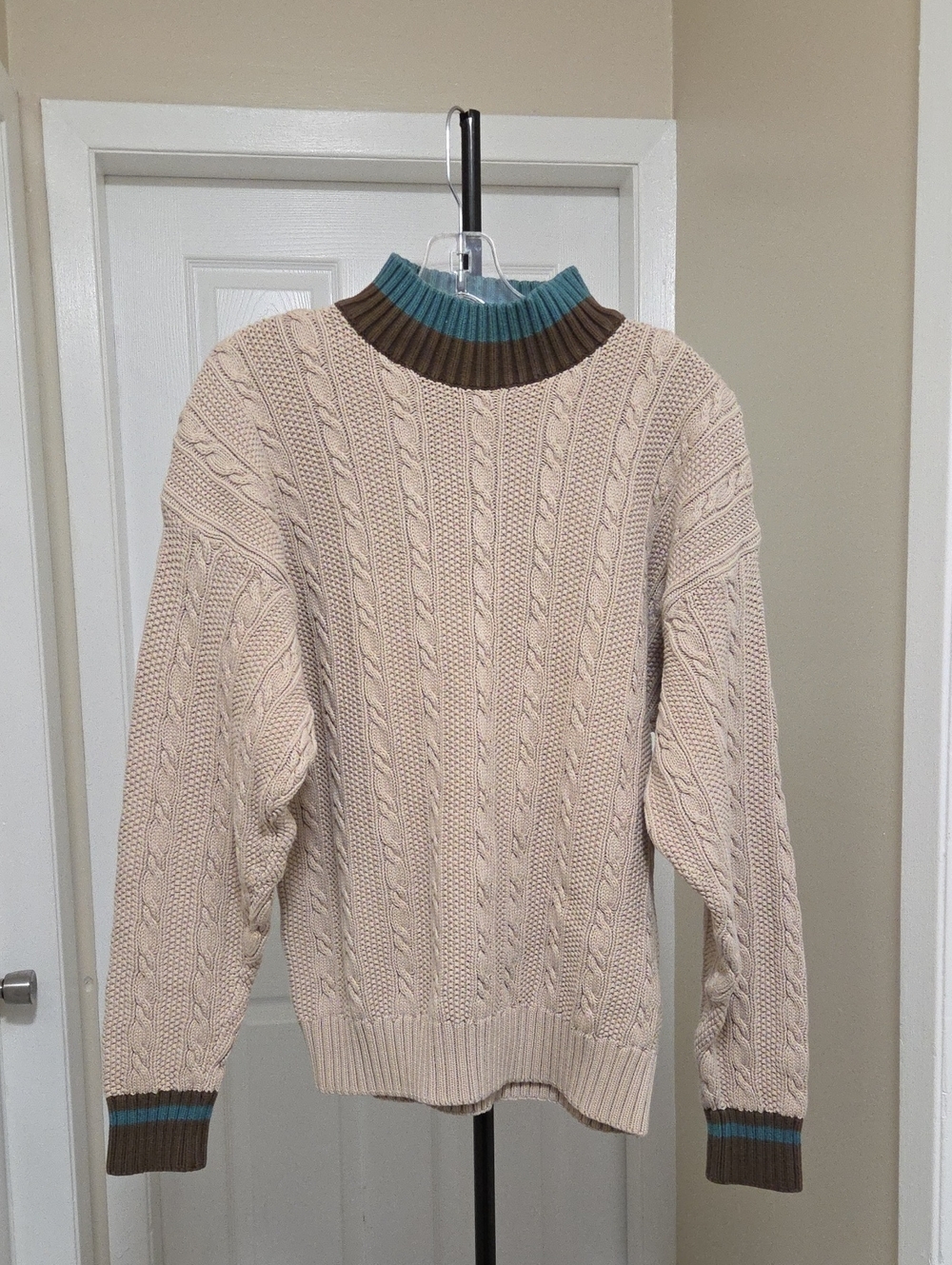 Vintage Eddie Bauer 100% Cotton Cable Knit Sweater Cream Crewneck Brown Teal - Picture 2 of 8